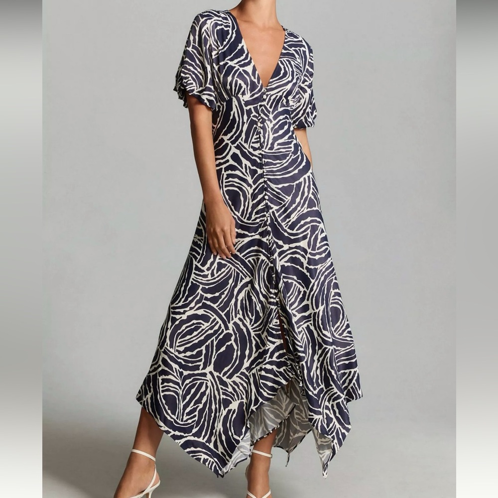 By Anthropologie Short-Sleeve V-Neck Button-Front Midi Dress Print Navy White